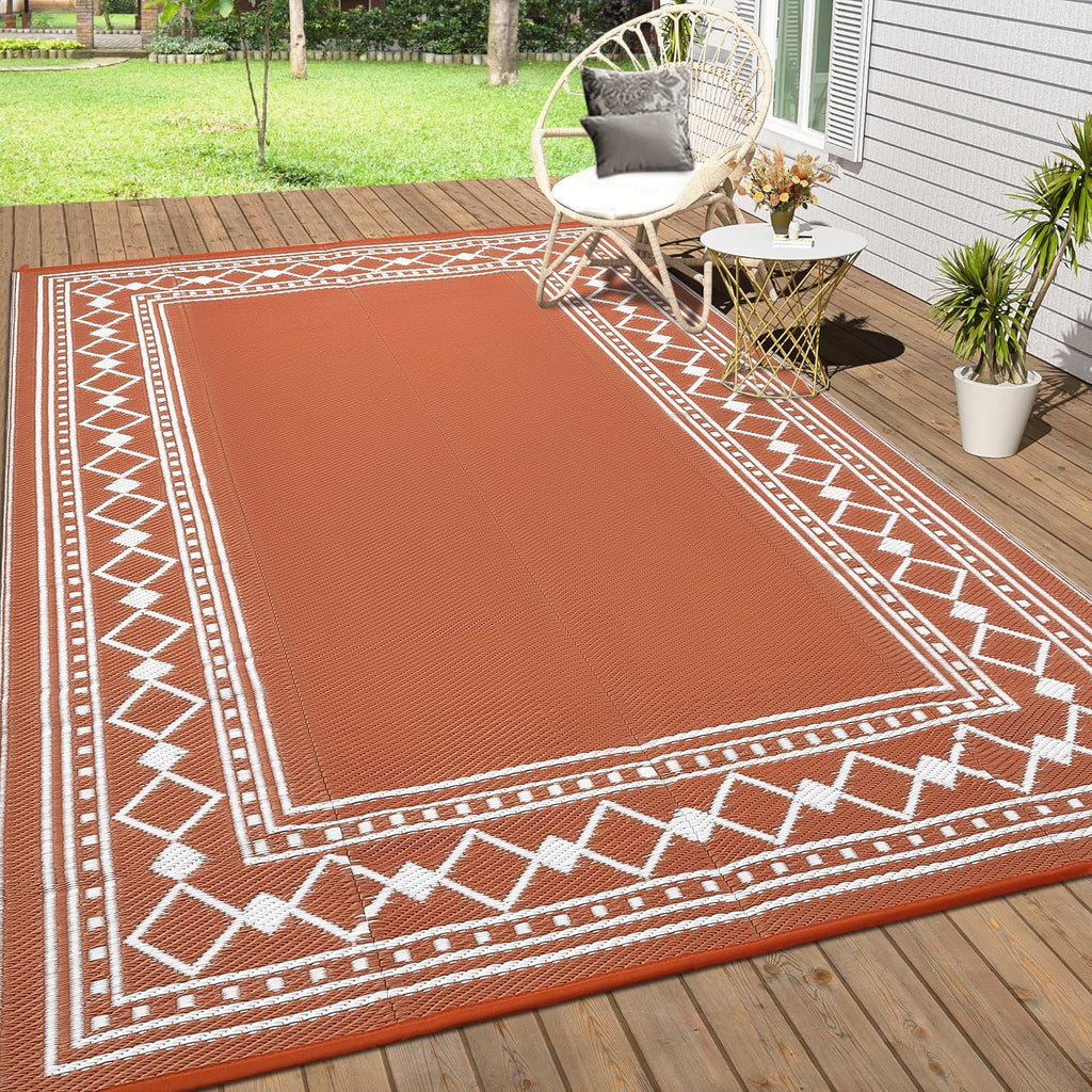 Outdoor Rug 9x12 Diamond Border Area Rugs for Indoor and Outdoor Patios and Porches - Waterproof, Washable