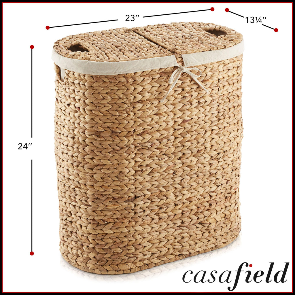 Oval Laundry Hamper with Lids and Removable Liner Bags - Natural, Woven Water Hyacinth 2-Section Laundry Basket
