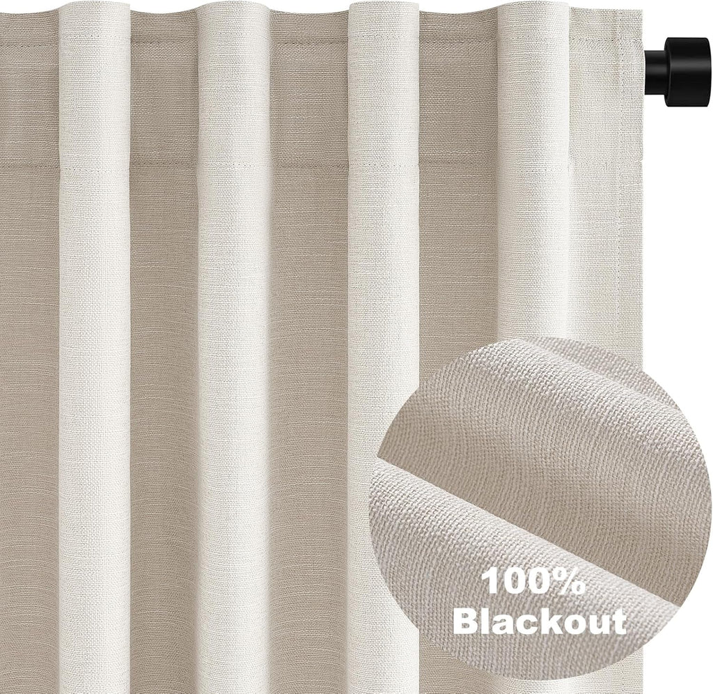 100% Blackout Linen Curtains (Set of 2 Panels) 72 Inch Long Ivory Blackout Cream White Curtains, Pinch Pleated Back Tab Sun Blocking