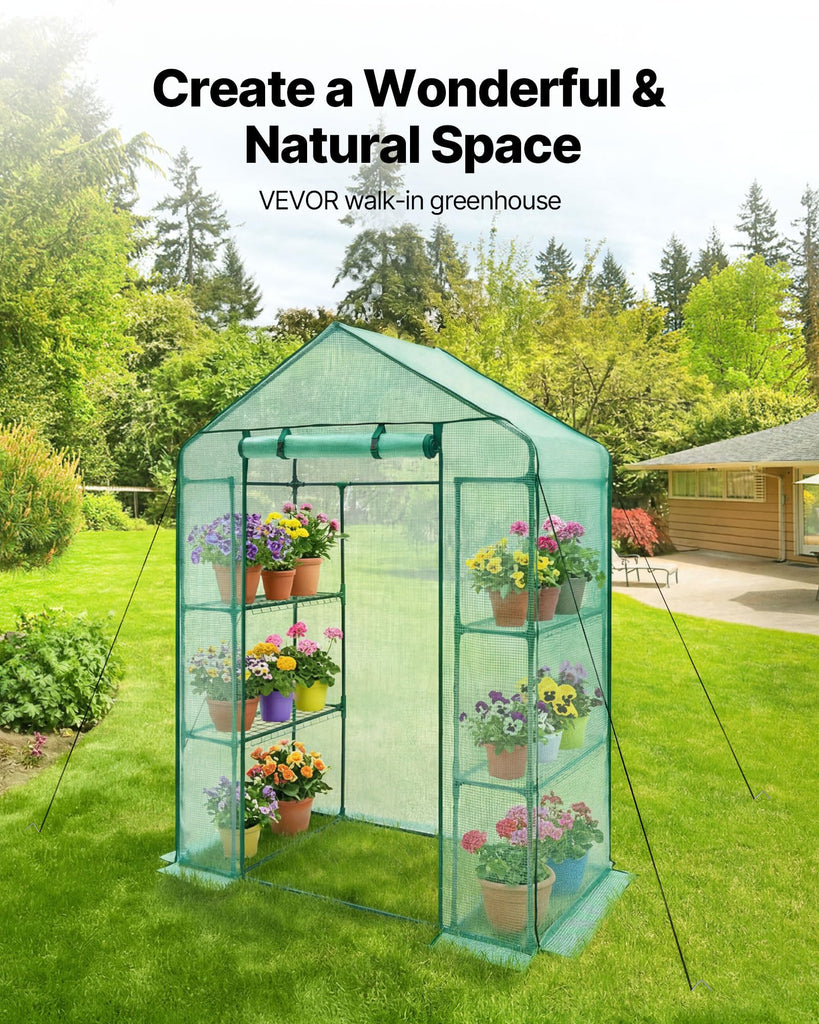 Walk-in Greenhouse, 55.5" x 28.3" x 78.7" Greenhouse for Outdoors with PE Cover, 2 Tiers 4 Shelves, Roll-Up Zipper