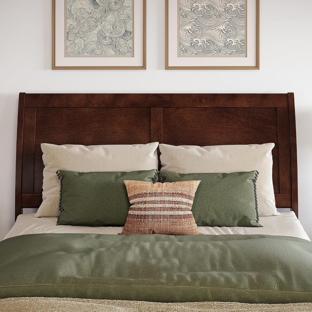 Valencia Full Solid Wood Low Profile Sleigh Platform Bed with Matching Footboard, Walnut