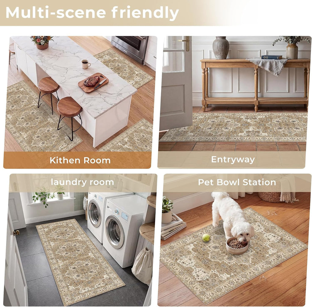 3 Piece Kitchen Rugs Sets with Runner, Washable Non Slip Soft Boho Kitchen Mats, Low Pile Stain Resistant Carpet