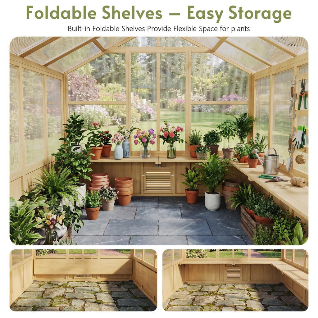 7x8Ft Wooden Greenhouse, 9mm PC Panel Greenhouses for Outdoors