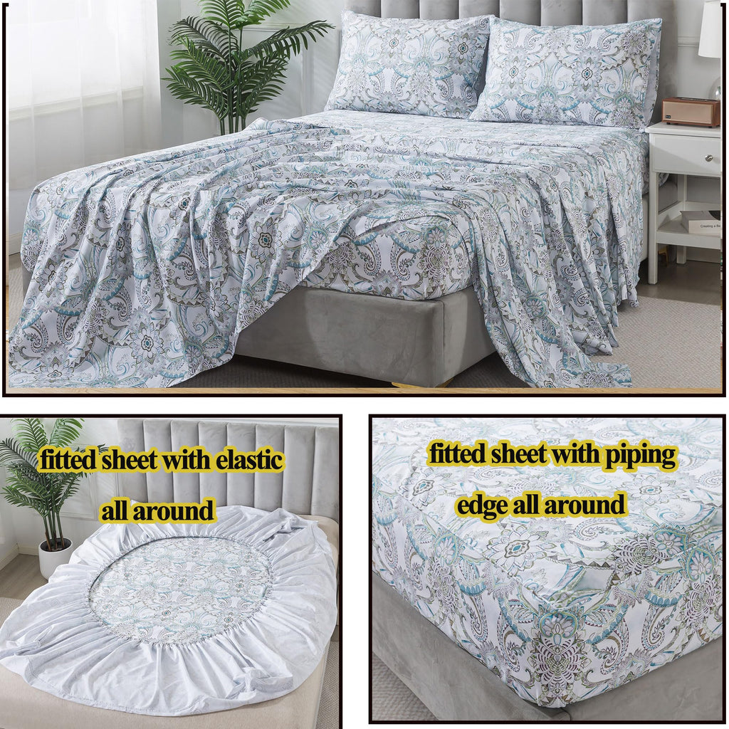 Blue Paisley Sheets Set Queen Classic Boho Paisley Bedding Luxurious Bohemian Damask Paisley Bed Sheet Breathable