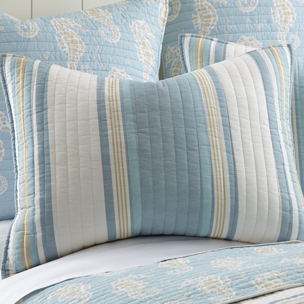 Blue Maui Quilt Set, Quilt + One Standard Pillow Sham, Striped Coastal Design in Light Blue, Cream and