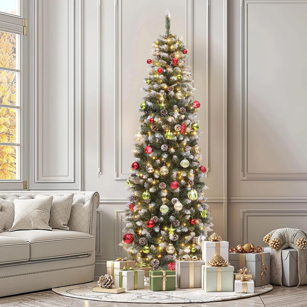 Prelit Green Pencil Christmas Tree w/Remote & Pinecone Decor
