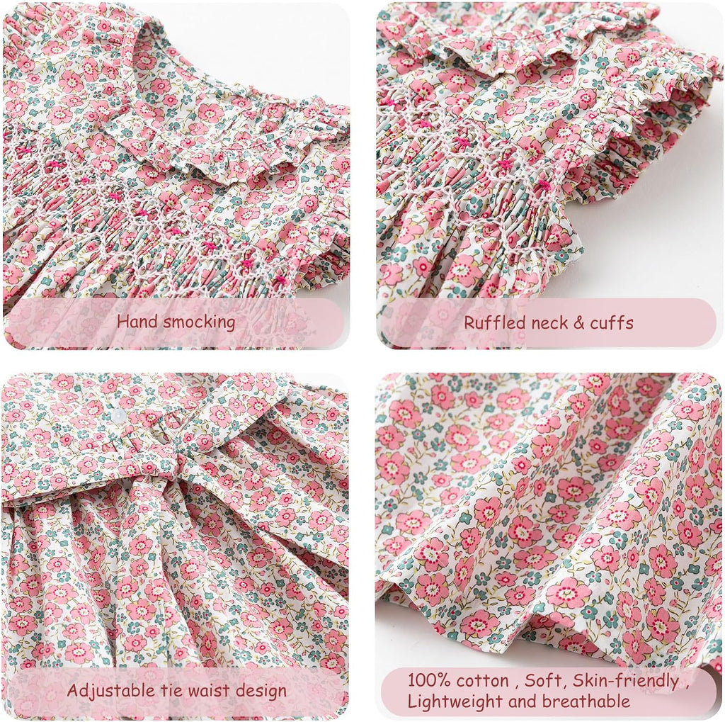 Baby Girl Smocked Dress Summer Casual Short Sleeve Dresses Floral Print Sundress Princess Dress for Toddlers