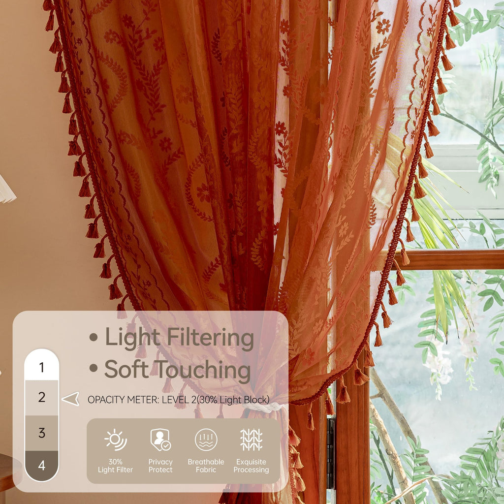 Boho Lace Curtains 84 Inch 2 Panels-Vintage Sheer Panel Drape Floral Pattern & Tassel Light Filtering Privacy Dining