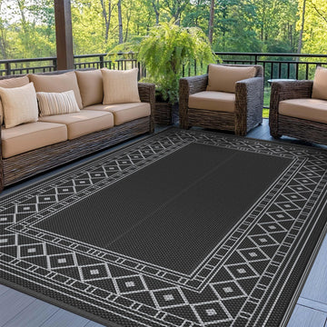 Outdoor Rug, Waterproof Plastic Rugs, 5'x8' Black Grey