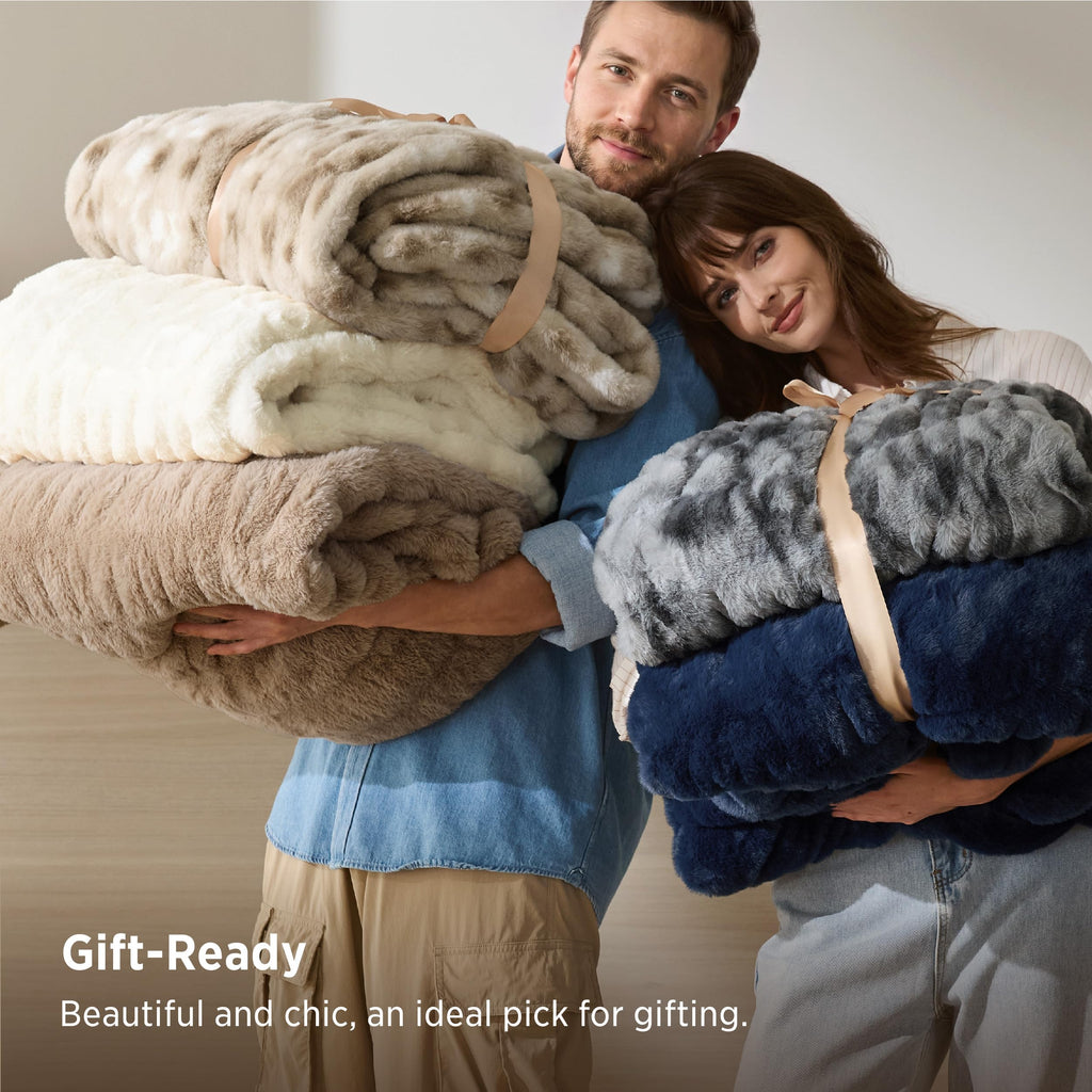 Soft Double-Sided Faux Fur Throw XL Blanket, Navy Blue, 50"x70"