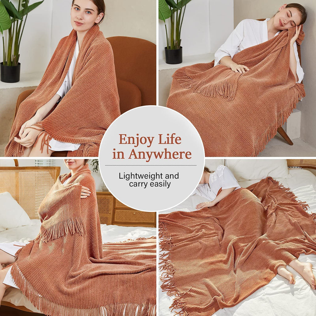 Chenille Throw Blanket for Couch and Bed, 60" x 80", Maple Brown