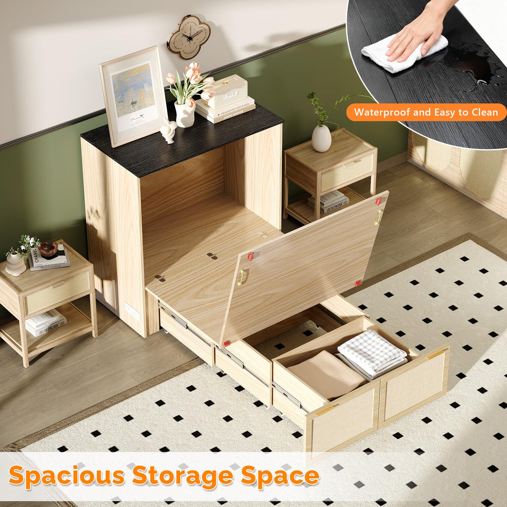 Twin Size Rattan Murphy Bed with Storage Drawer, Charging Station, Boho, Hideaway Paltform Panel Bed for Small