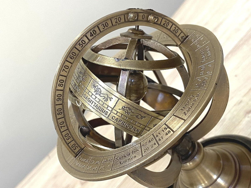 Zodiac Armillary Brass Sphere Globe Display 8" Wooden Base | Antique Vintage Earth Steampunk Pirate's Antique Ship