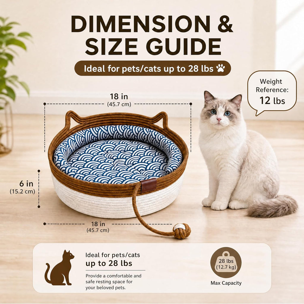Large Handwoven Cat Basket Bed, Cotton Rope Woven Cat Beds for Indoor Cats