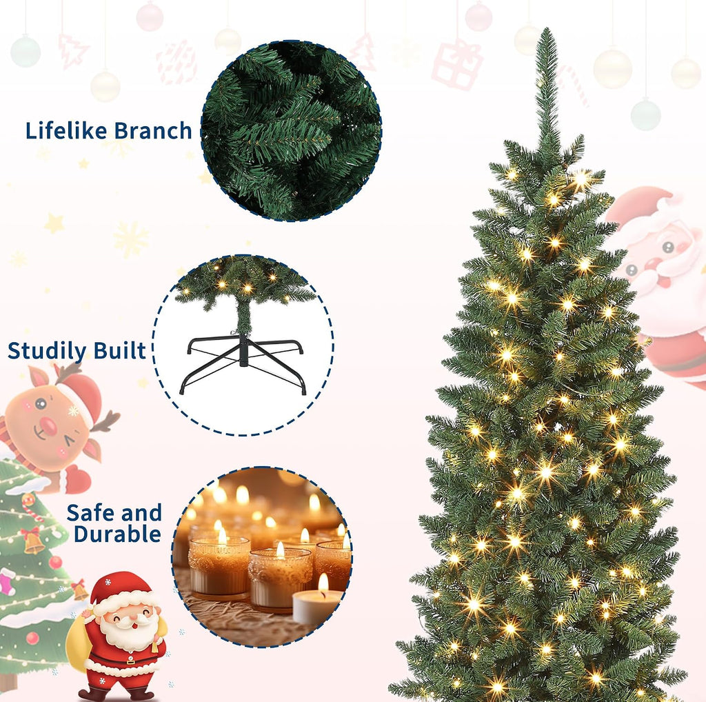 Christmas Trees with Lights ,Tall Pre-Lit Artificial Pencil Slim Christmas Trees with Dual Color LED