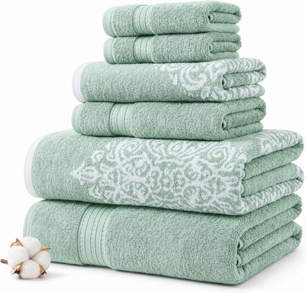 6 Piece Reversible Yarn Dyed Jacquard Towel Set Artesia Damask Sage