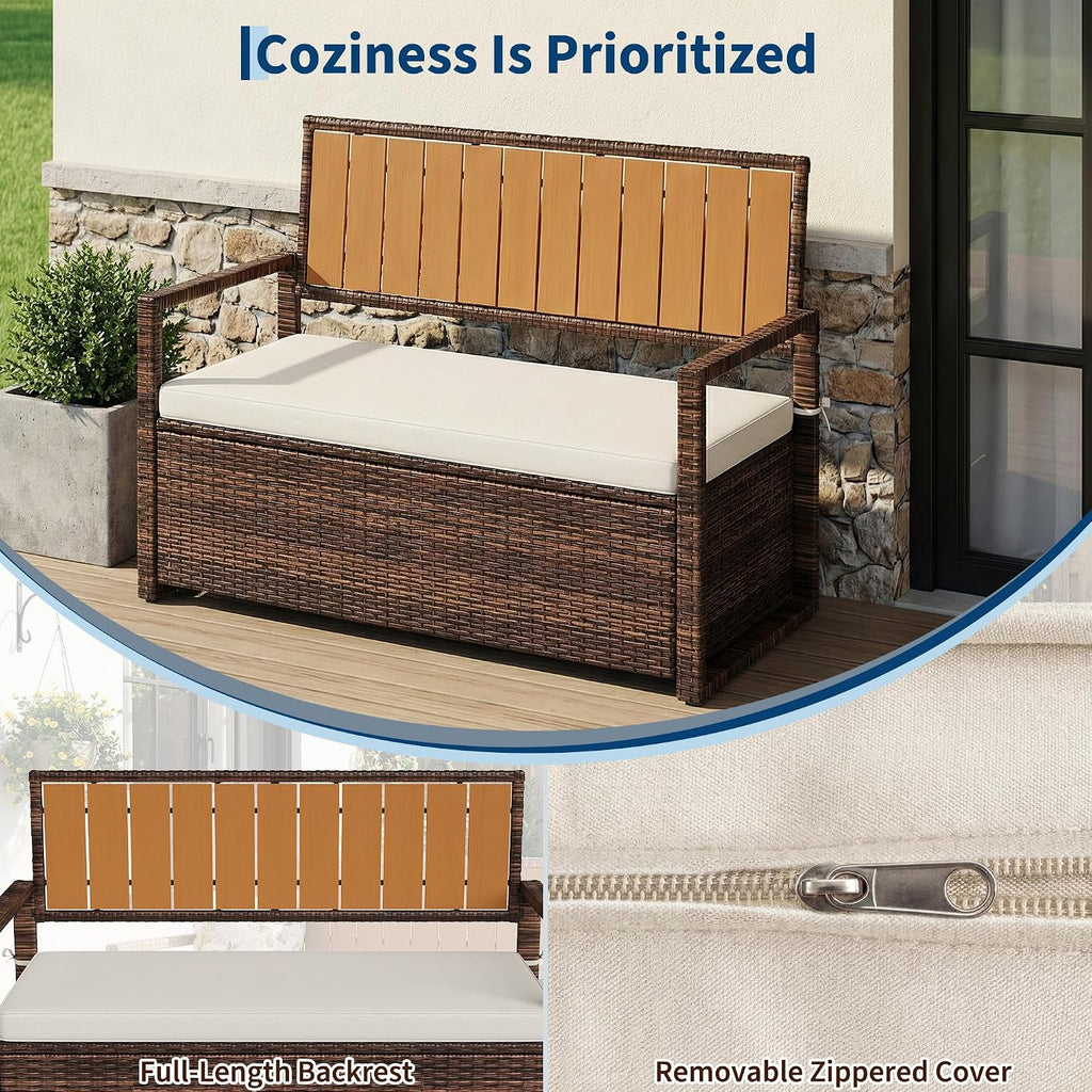 75 Gallon Outdoor Storage Bench with Cushion, 2-Seater PE Rattan Patio Storage Box with Backrest & Armrests
