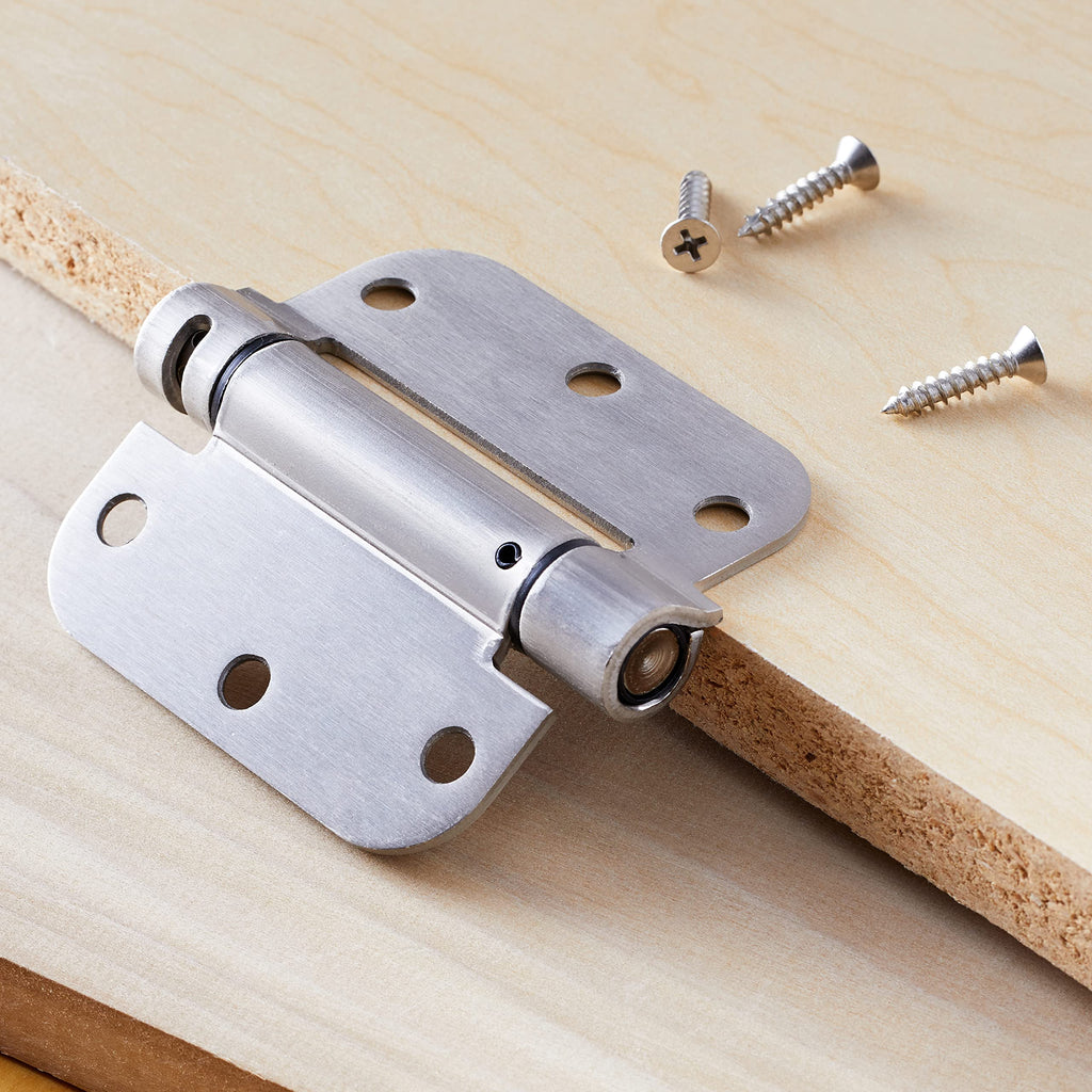 Self-Closing Door Hinge, 3.5 Inch x 3.5 Inch, 5/8-Inch Radius, Satin Nickel, 1-Piece, Hardware Included Temp
