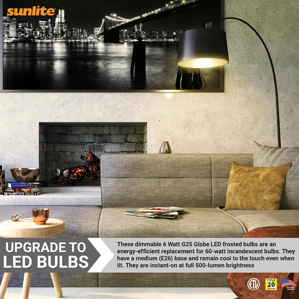 LED G25 Globe Light Bulb, 6 Watts (60W Equivalent), 120V, Medium E26 Base, 500 Lumens, Dimmable, Frosted, 90 CRI