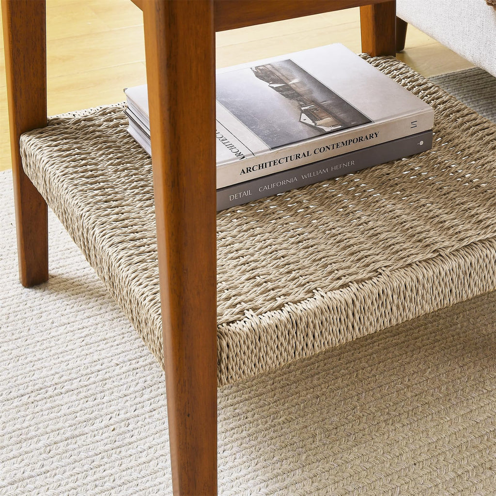 23'' Square Solid Wood Side Table, Handmade Natural Rattan Side Table Coffee Table, Office Apartment Small Space