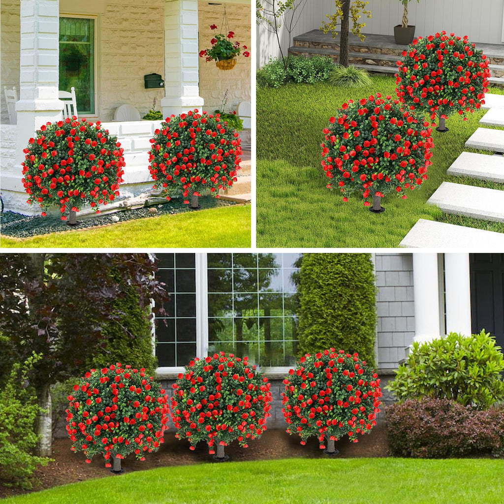 Set of 2 Artificial Red Rose Topiary Ball Tree, 25" with Ground Spike