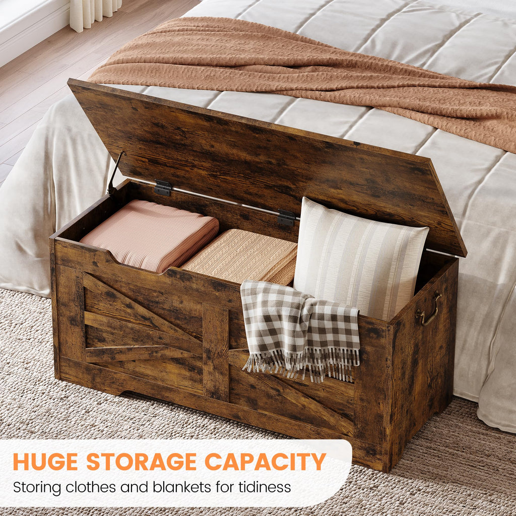 39.4" Storage Chest, Wooden Storage Bench with Safety Hinge, Retro Blanket Storage Trunk, Supports 350 lb, Rustic