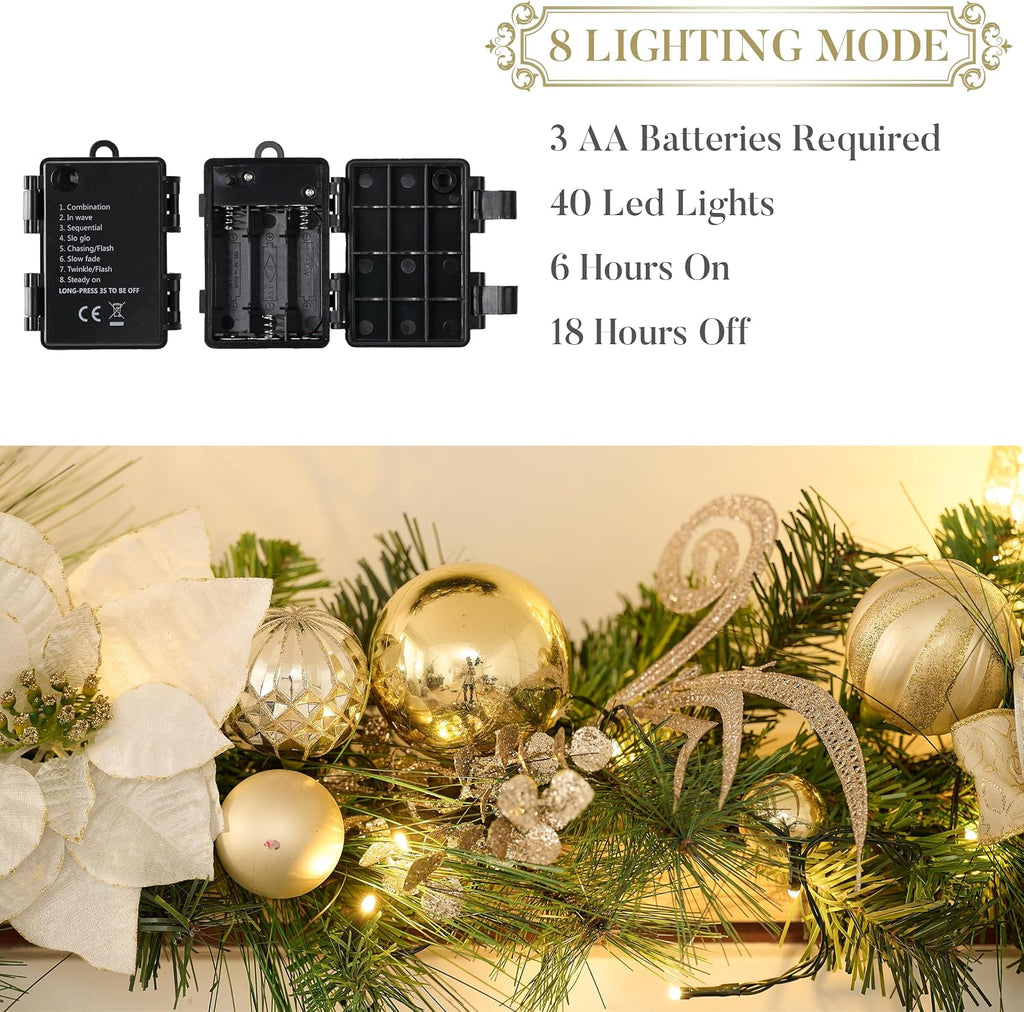 9 Feet Pre-Lit Christmas Garland with Lights for Mantle, Lighted Outdoor Xmas Garland with White Gold Balls &
