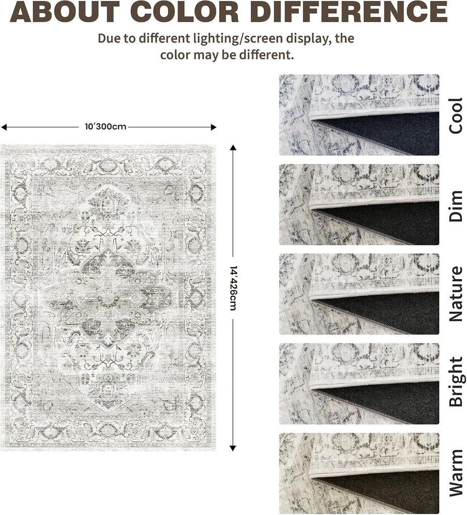 Washable 10x14 Area Rugs, Non Slip Living Room Rug Ivory/Gray