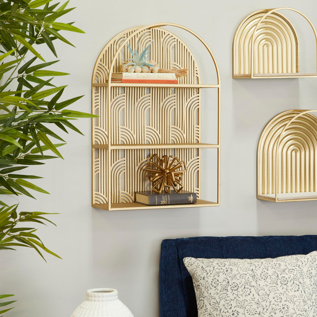Metal Geometric Rounded 3 Level Wall Shelf with Arch Pattern, 16" x 6" x 24", Gold