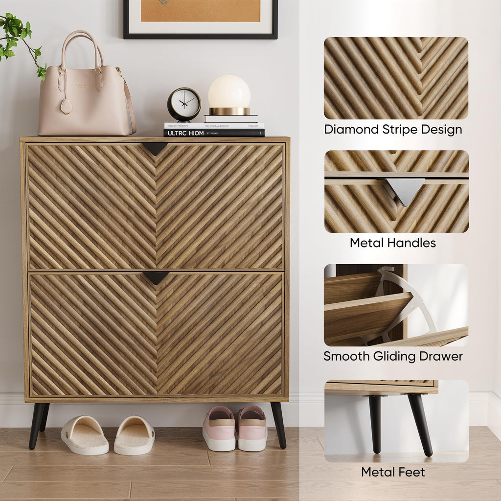 Walnut Shoe Cabinet with 2 Flip Drawers, 31.5" Hidden Shoe Storage Cabinet with Fluted Diamond Doors, Freestanding