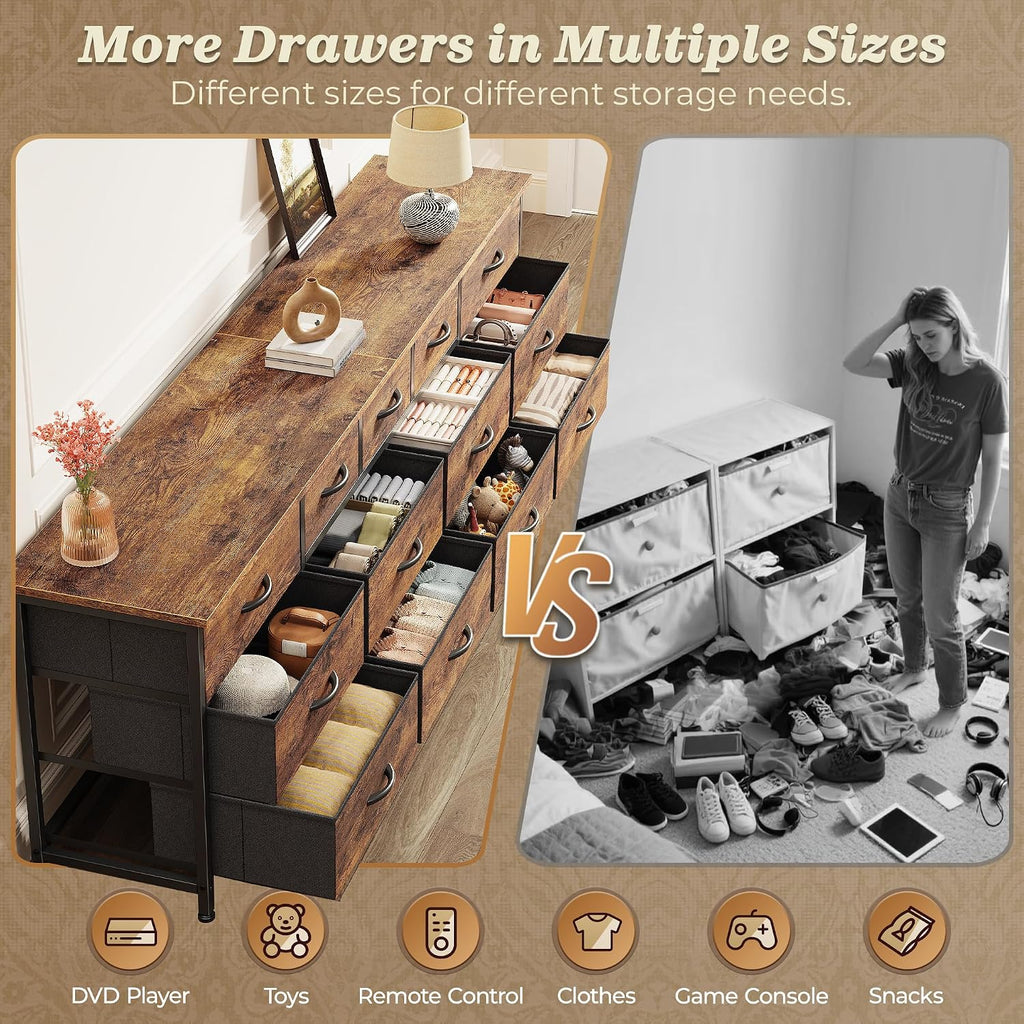 70 Inch Dresser , TV Stand for 65, 75, 80 Inch TV, 13 Fabric Drawer Long Dresser, Large Entertainment Center , Wide