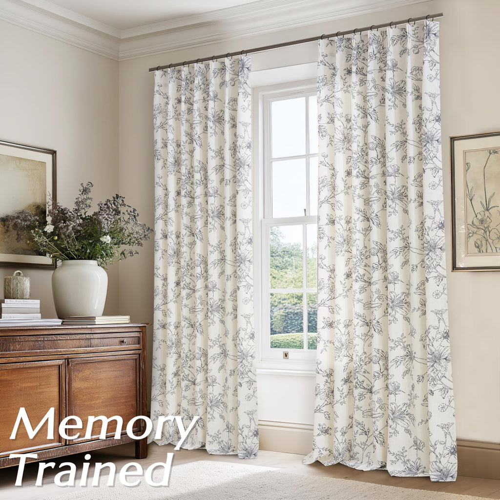 Black Flower Semi Sheer Linen Curtains Vintage Pinch Pleated Drapes 40x90