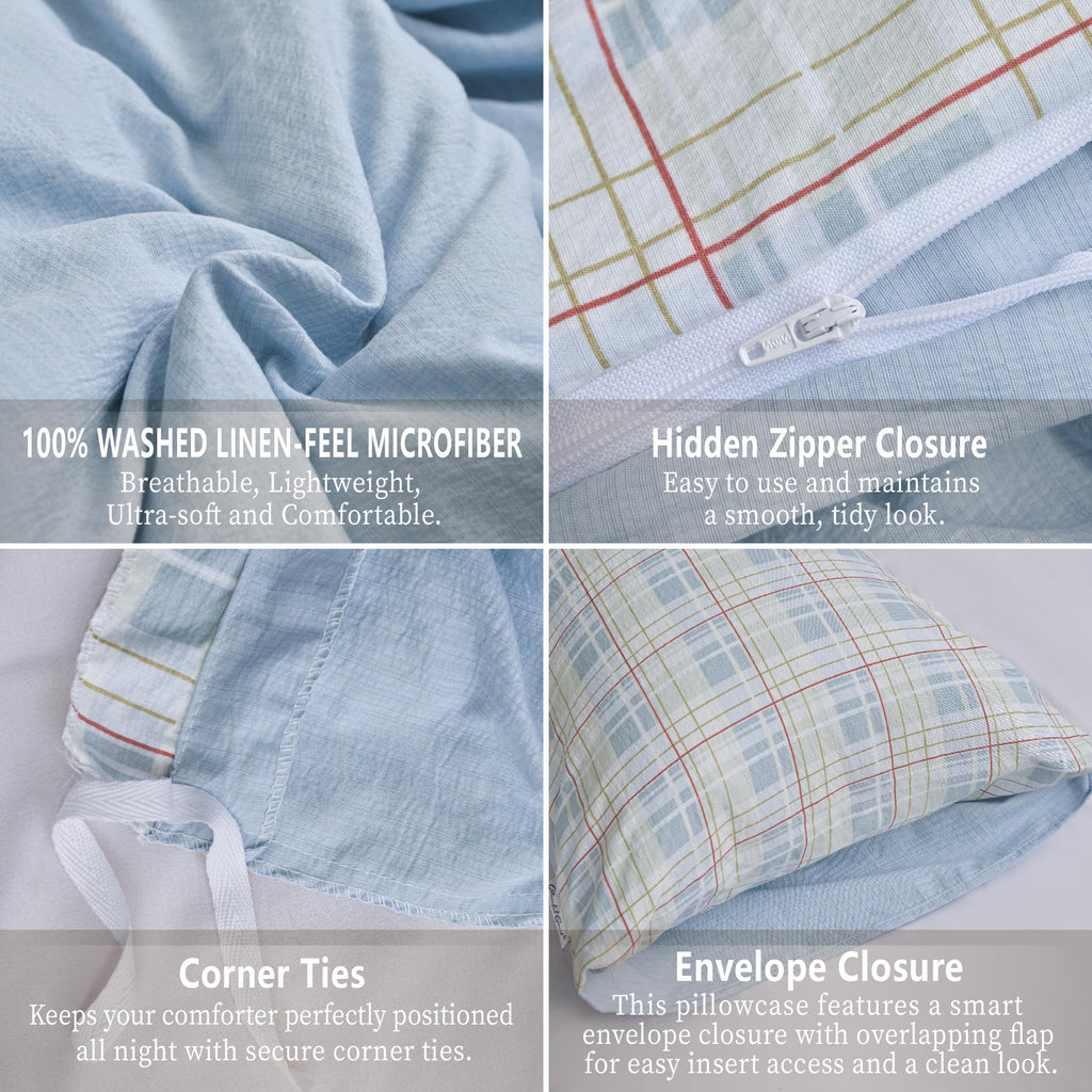 Vintage Reversible Plaid Duvet Cover Set, 100% Washed Microfiber Linen-Feel 3-Piece Bedding, Elegant Printed Check