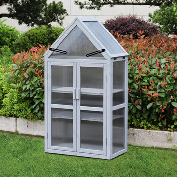 Compact UV-Resistant Cedar Mini Greenhouse Kit - Adjustable 2-Tier Plant Stand with Removable Shelves, Sliding Wall
