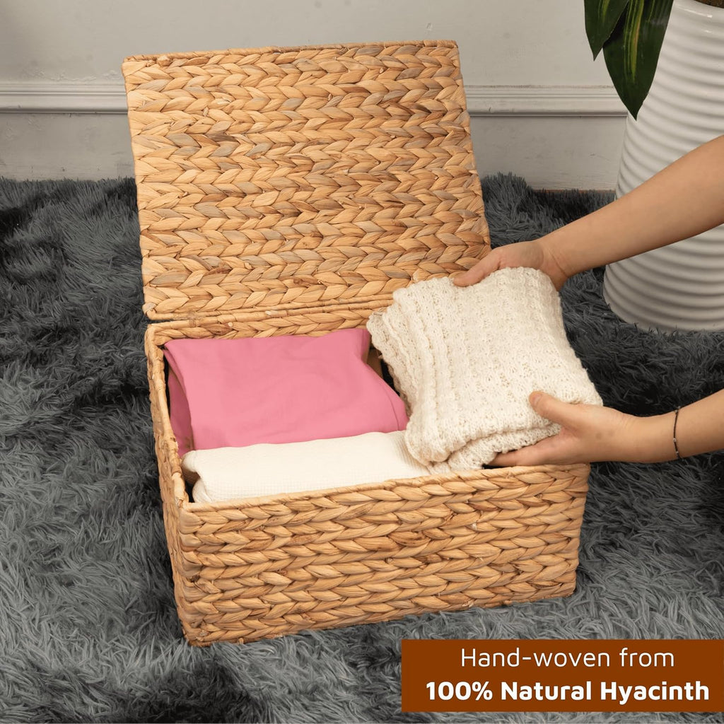 Set of 3 Wicker Baskets with Lid - Woven Storage Basket with Lid - Decorative Storage Boxes and Shelves