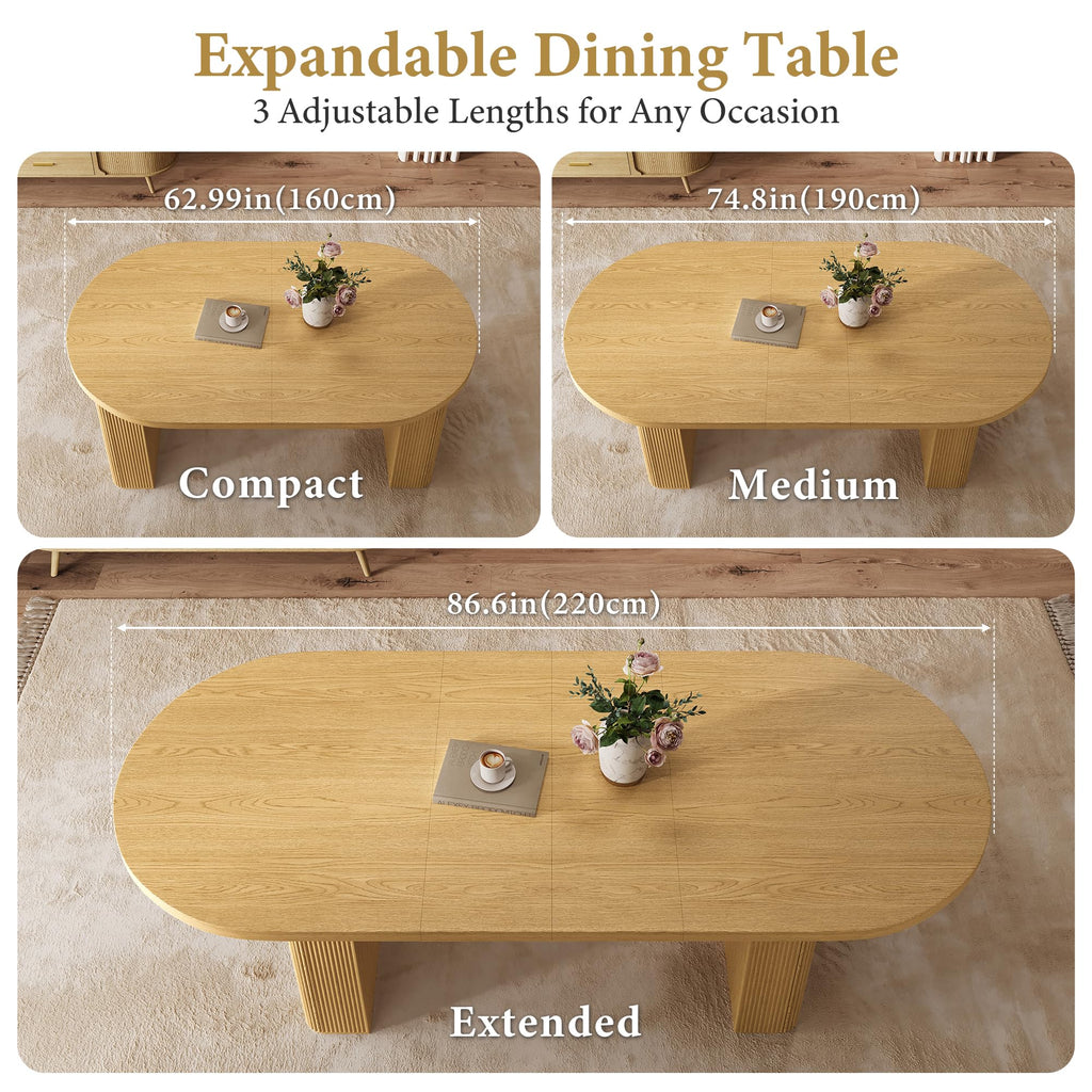 63"-86" Extendable Dining Table for 4-10, Oval Extendable Kitchen Table with Fluted Base, Modern Dining Room Table