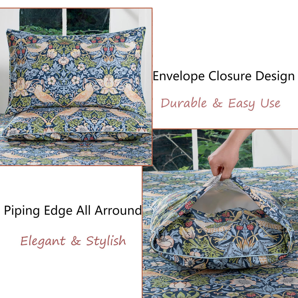 King 100% Egyptian Cotton Sheets Set 4 Piece, Vintage Botanical Floral Bird Print, Luxury Soft Breathable Cooling