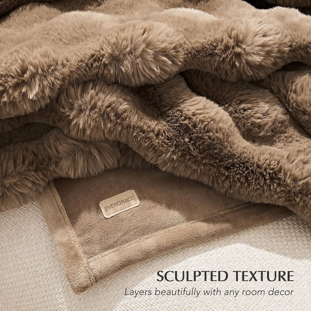 Faux Rabbit Fur Bubble Throw Blanket, 60"x80", Natural Tan | Ultra Soft, Luxury Faux Rabbit Fur Throw, Thick Warm