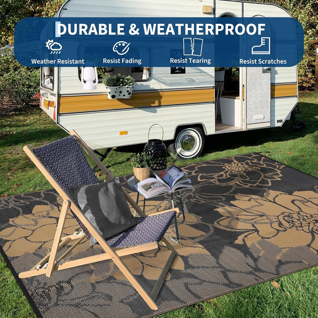 Outdoor Rug Reversible Modern Floral Patio Rug Waterproof & Washable Outside Carpet, UV Weather Resistant RV