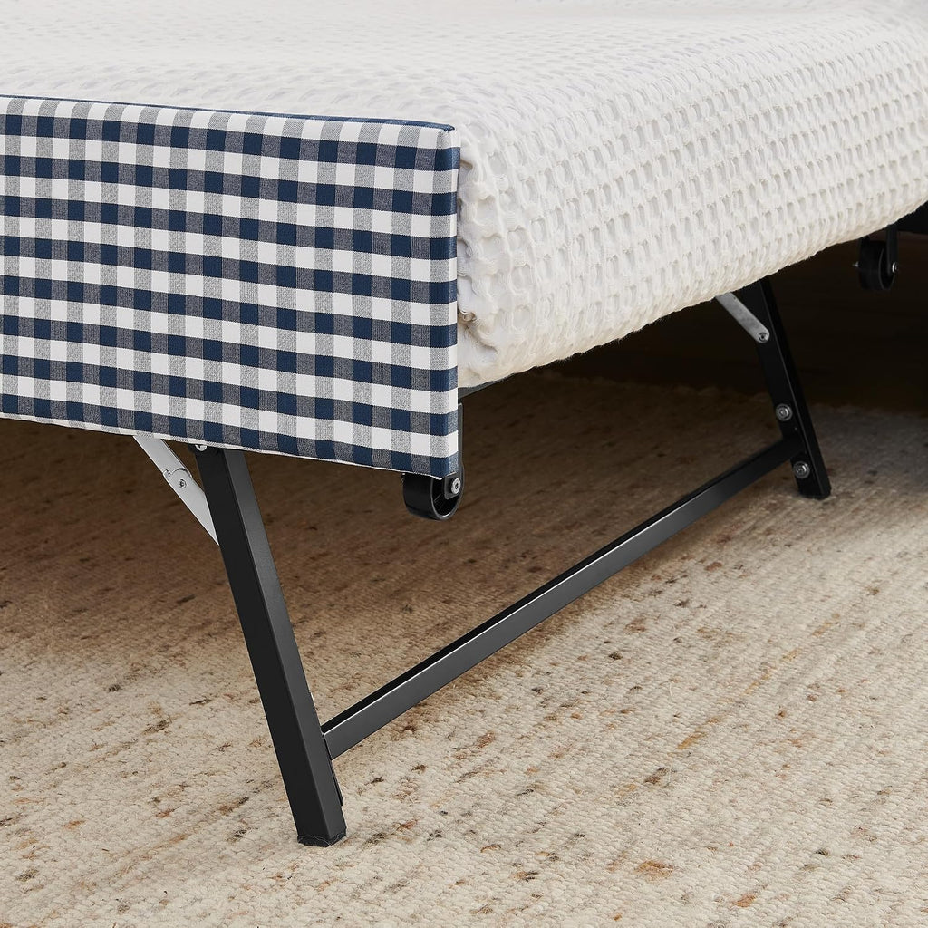 Full Size Upholstered Gingham Daybed with Trundle, Full to King Design Adorable Wave Shaped Extendable Sofa Bed, Easy