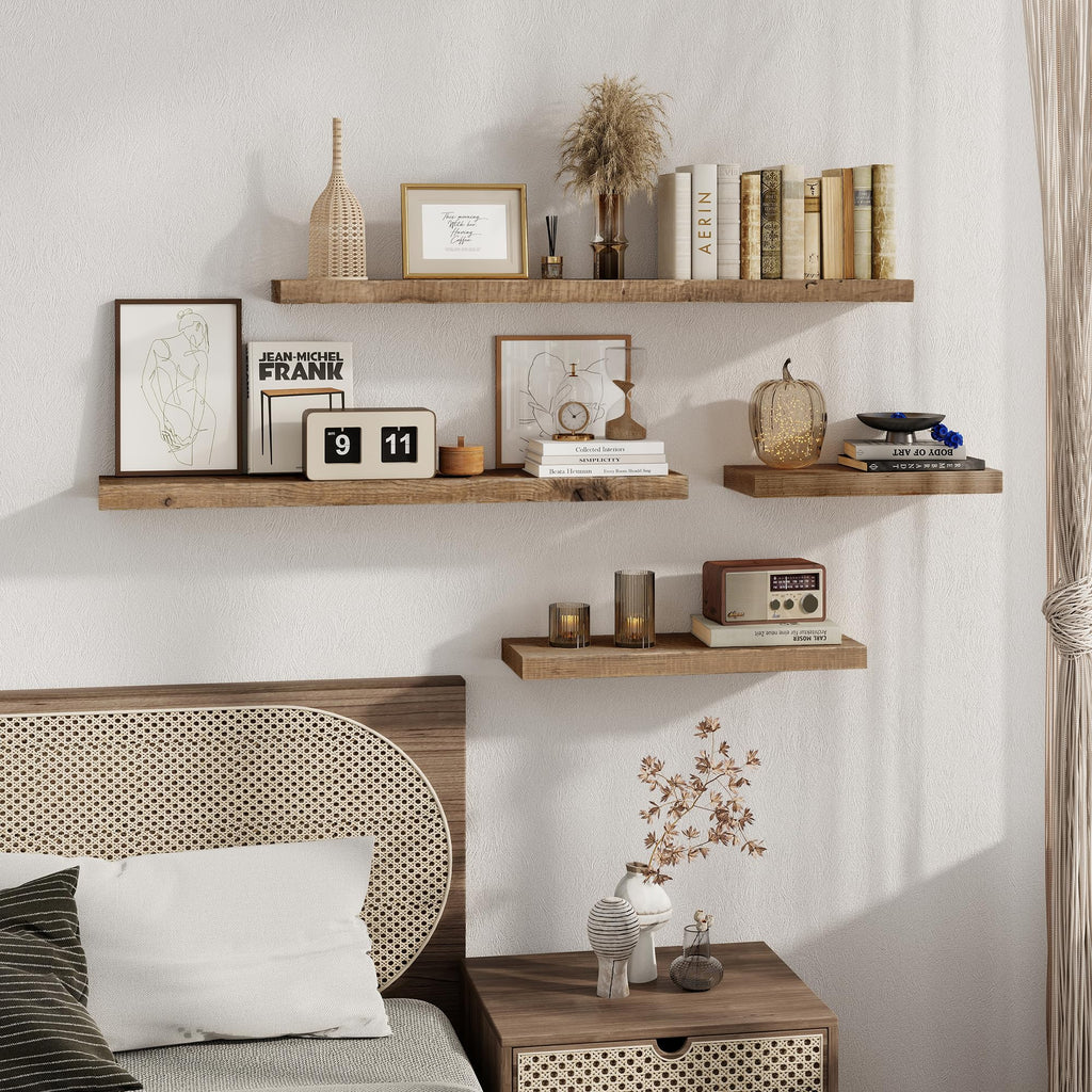 60 Inch Long Wood Floating Shelf, Solid Rustic Reclaimed Barnwood Planks 8 Inch Deep Floating Wall Mounted Shelves