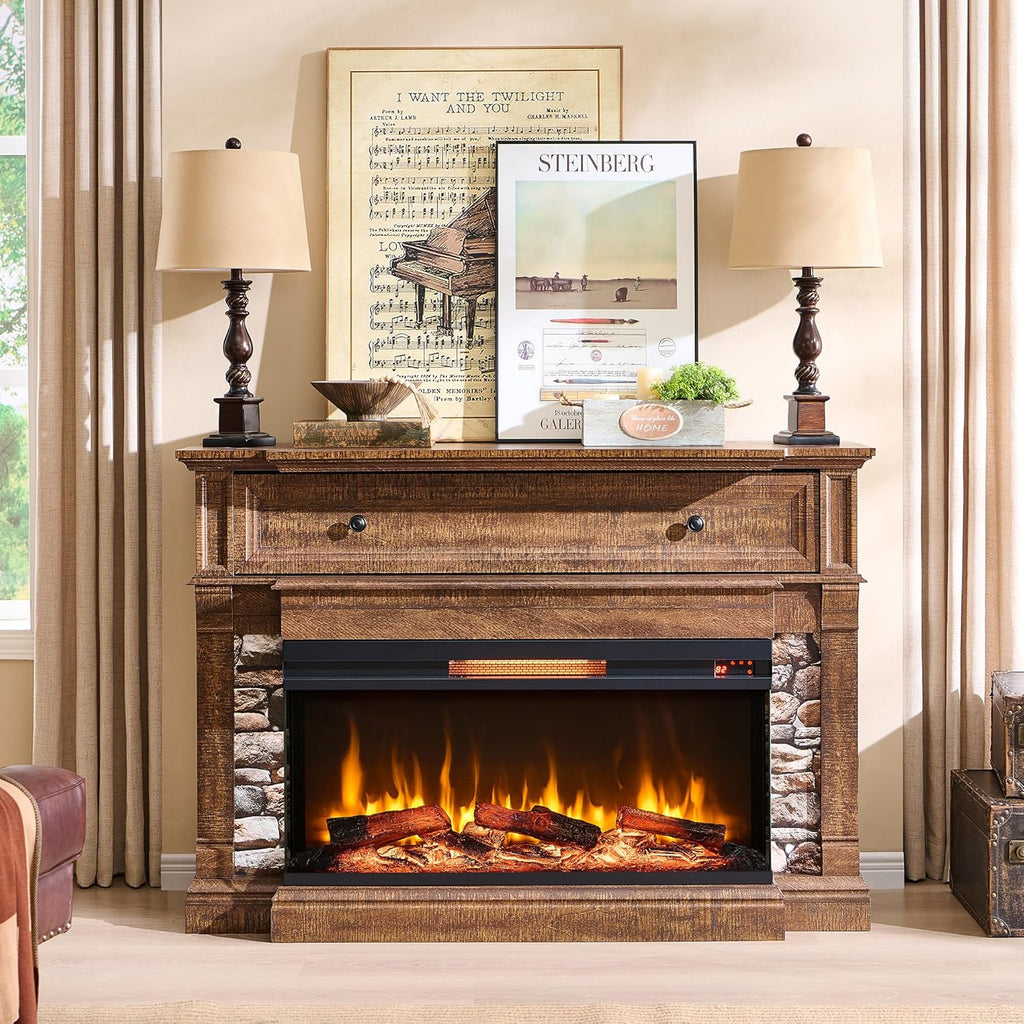 OKD 52" Electric Fireplace with Mantel, Freestanding Fireplace Heater TV Stand with 36" 3-Side Glass Insert for TVs Up
