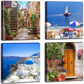 Santorini Greece Canvas Wall, Nature Landscape Pictures Print Rustic Scenic Paintings Living Room Office, Wall Decor