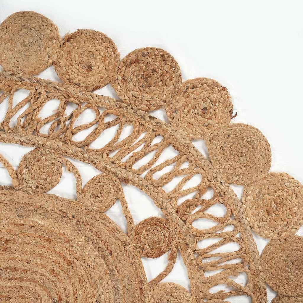 Scalloped Border Braided Jute Oval Area Rug, Natural Beige