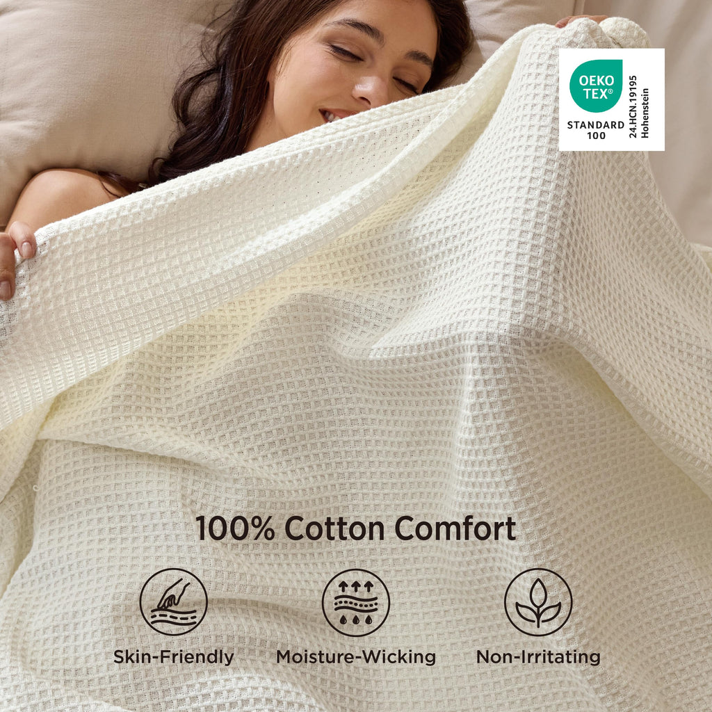 GentleSoft 100% Cotton Blanket King Size for Bed - Breathable Lightweight and Soft for Summer, Basket Waffle Weave