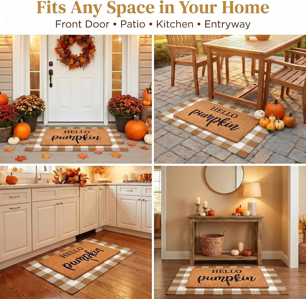Fall Decor Door Mat Combo Set, 100% Coco Coir Welcome Mat + 28 x 43 Inches Coffee and White Plaid Rug - Fall