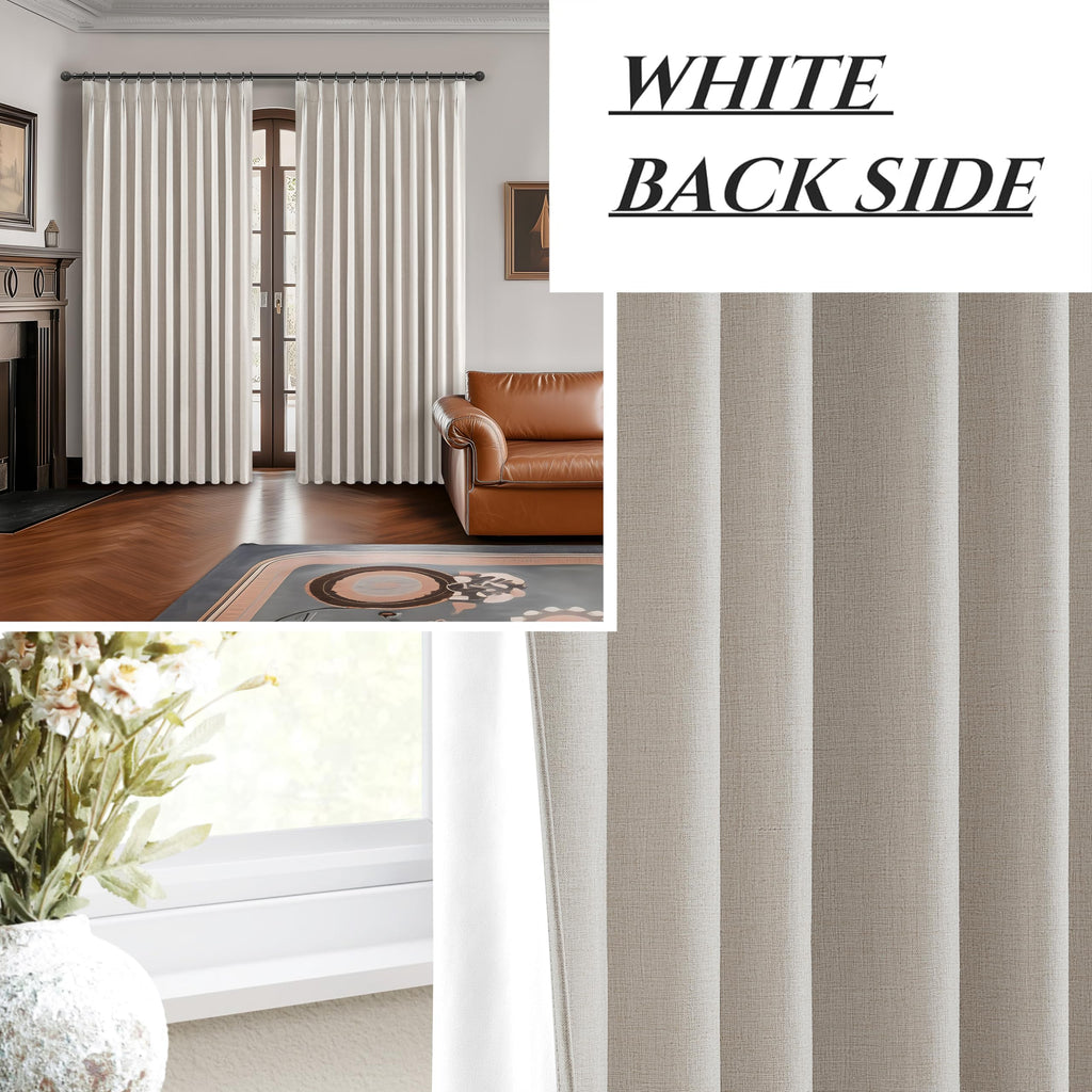 100 Inch Length Extra Wide Pinch Pleated Blackout Curtains 84 Inch Long, Farmhouse Natural Linen Thick Burlap Heavy
