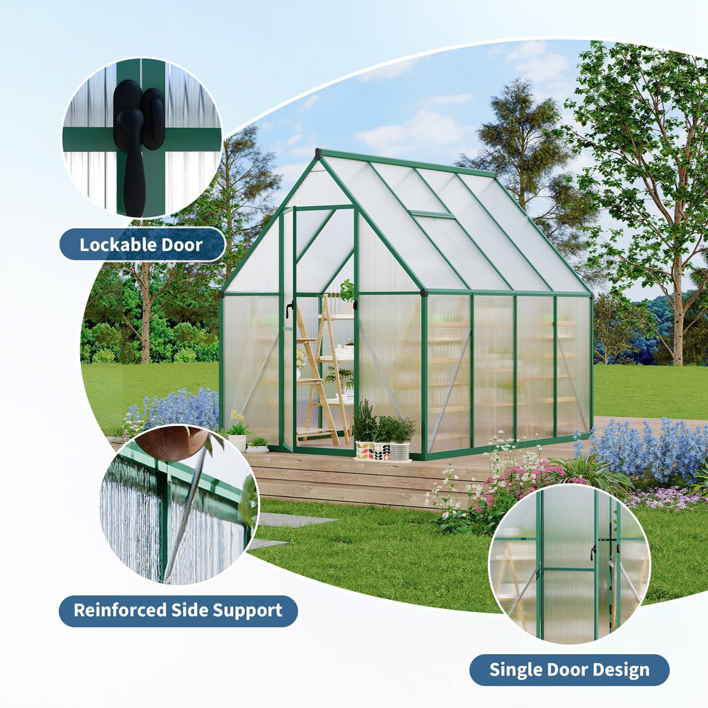 6x7 FT Outdoor Greenhouse, Polycarbonate Greenhouse with Roof Vent and Ground Nails, Aluminum Large Walk-in Green