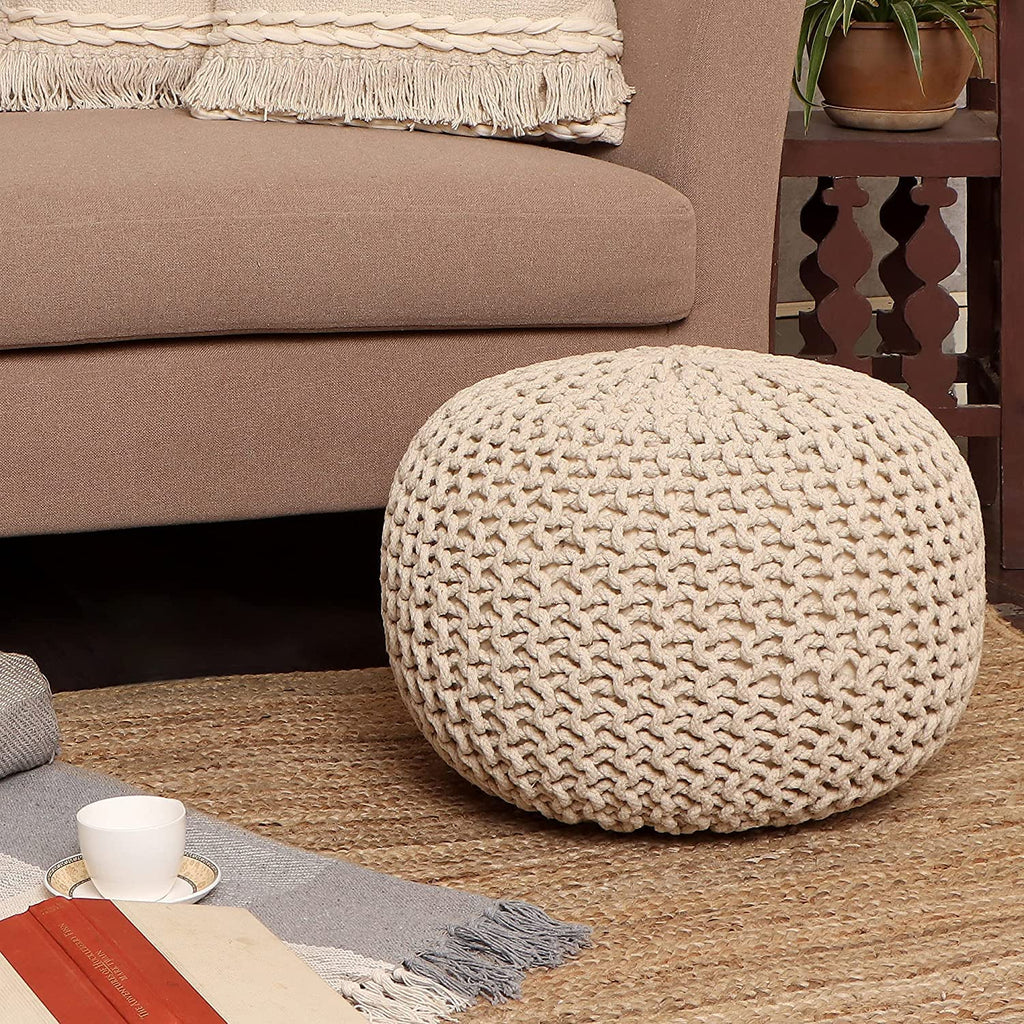 Round Pouf Ottoman - Hand Knitted Boho Poof Footrest - Ivory