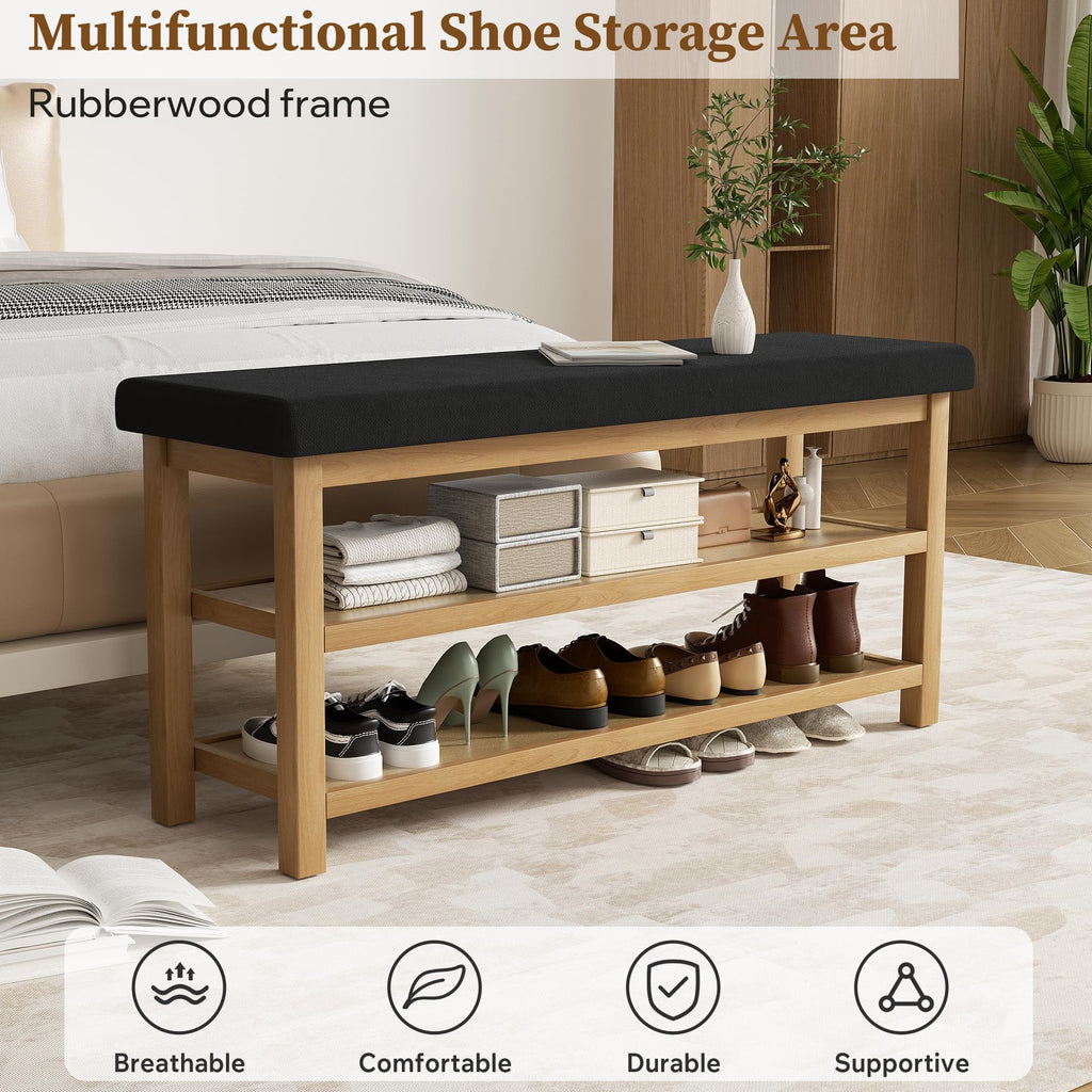 2 Tier Shoe Rack Bench with Cushion, Rubberwood Shoe Benches, Mid-Century Modern Shoe Storage Bench, Closet, Front